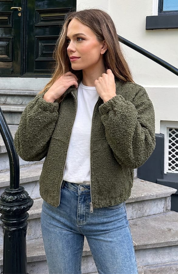 Boucle Bomber Coat Met Rits Army – jassen, foto 5