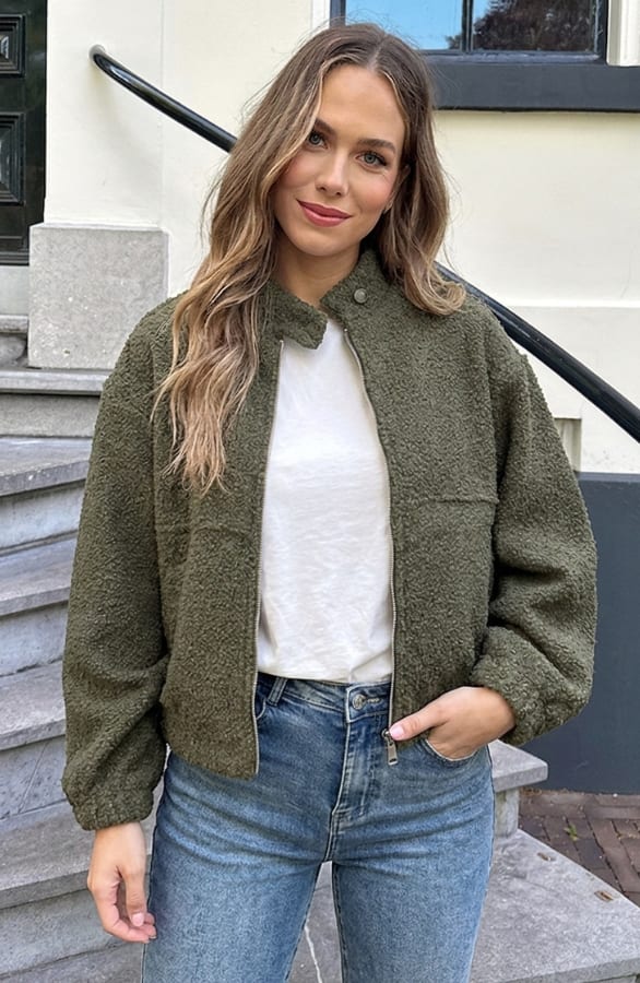 Boucle Bomber Coat Met Rits Army – jassen, foto 3