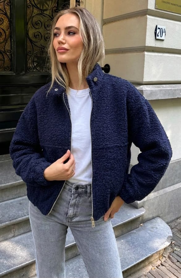 Boucle Bomber Coat Met Rits Marine