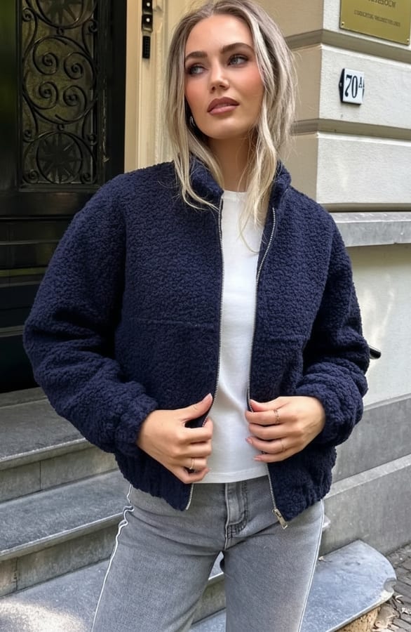 Boucle Bomber Coat Met Rits Marine – jassen, foto 4