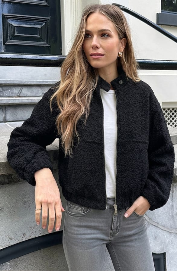 Boucle Bomber Coat Met Rits Zwart – jassen, foto 4