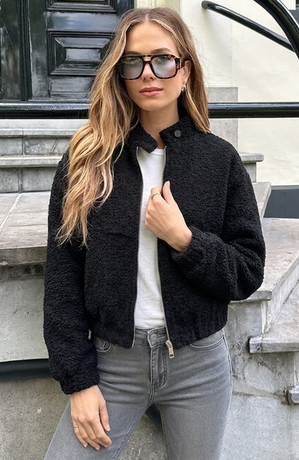 Boucle Bomber Coat Met Rits Zwart – jassen, foto 3