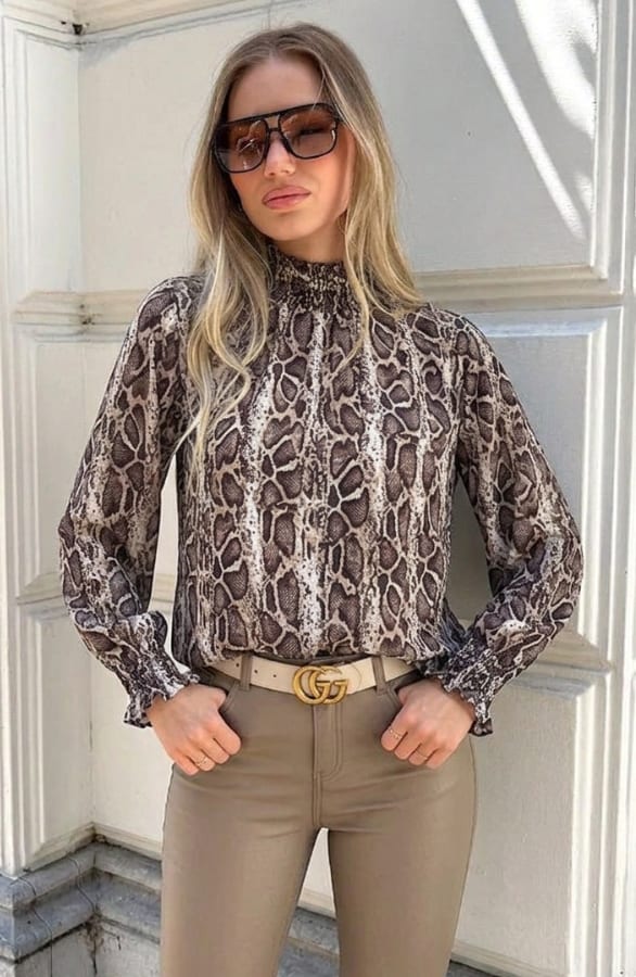Col Blouse Snake Print Beige