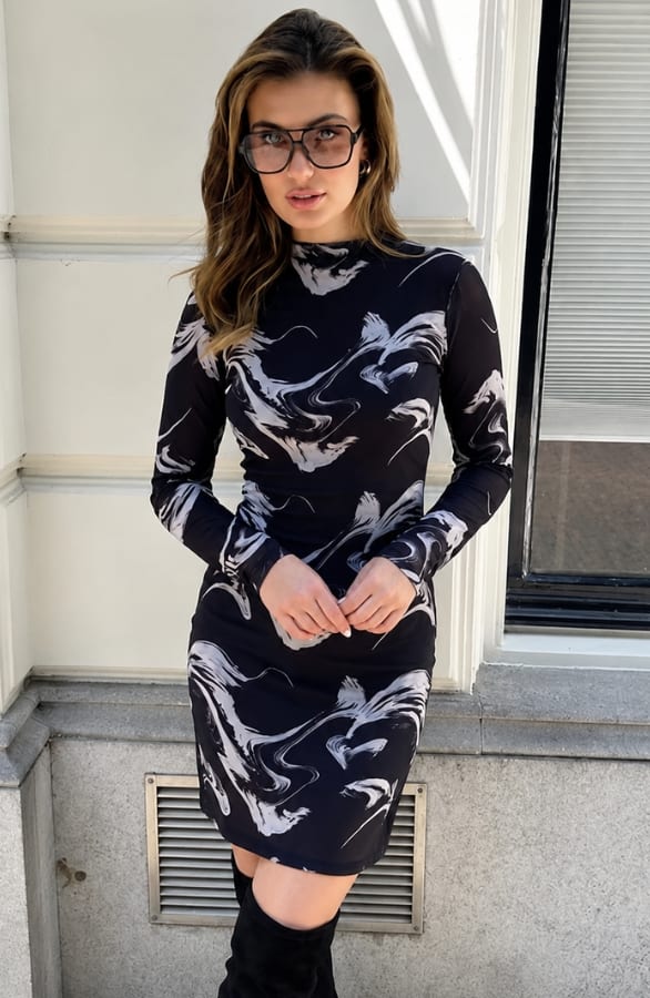 Mesh Print Dress Black Beige – jurken, foto 5