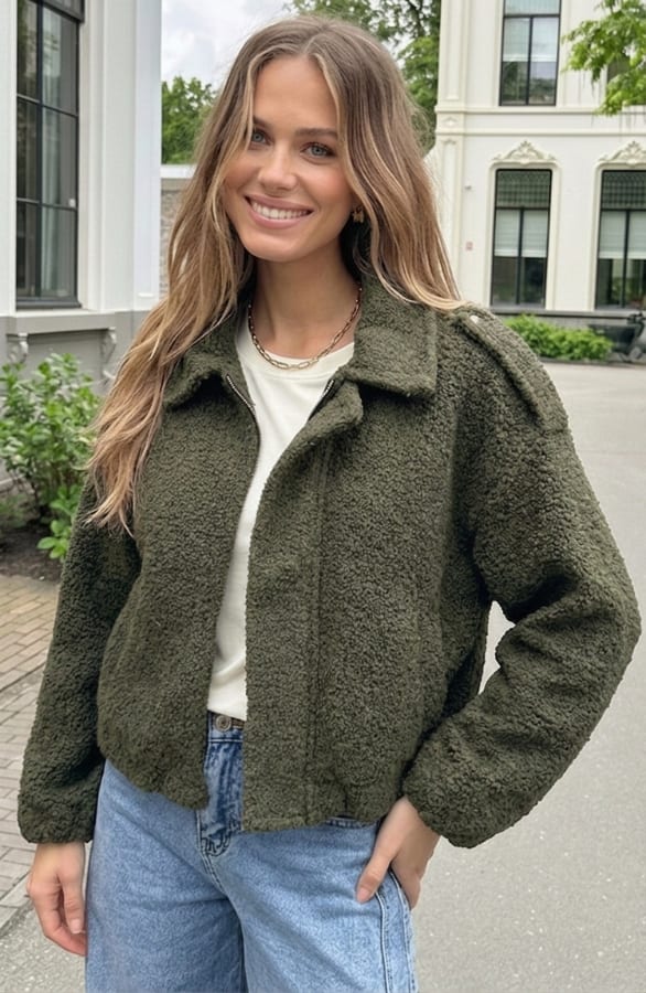 Oversized Boucle Jacket Met Rits Army – jassen, foto 3