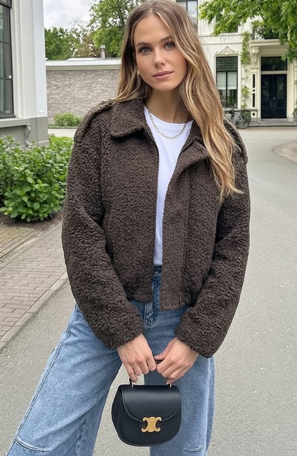 Oversized Boucle Jacket Met Rits Choco – jassen, foto 5