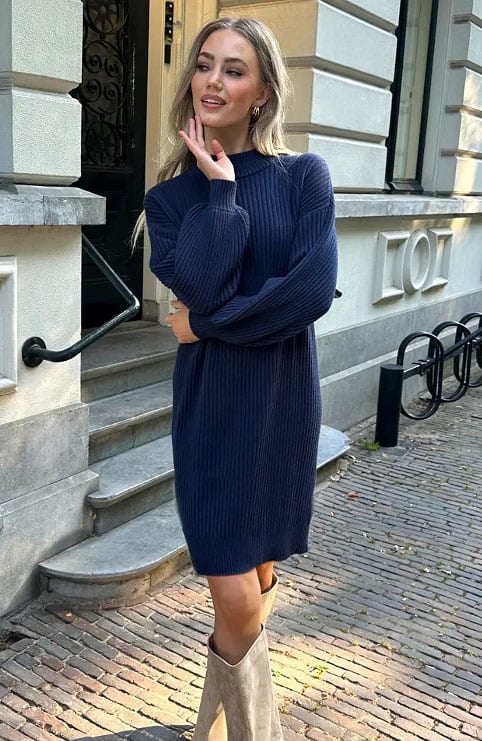 Oversized Knitted Sweater Dress Navy – jurken, foto 4