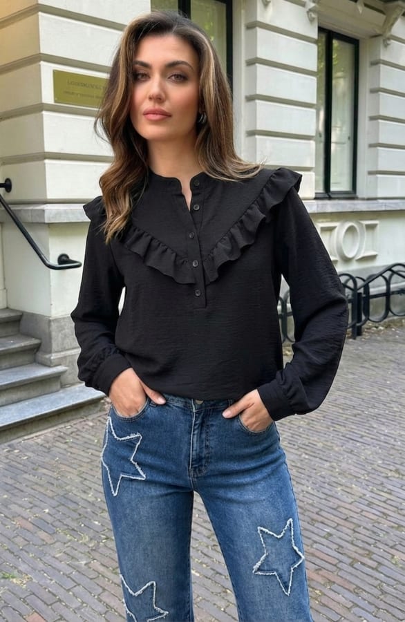 Ruffle Boho Blouse Zwart – blouses, foto 3