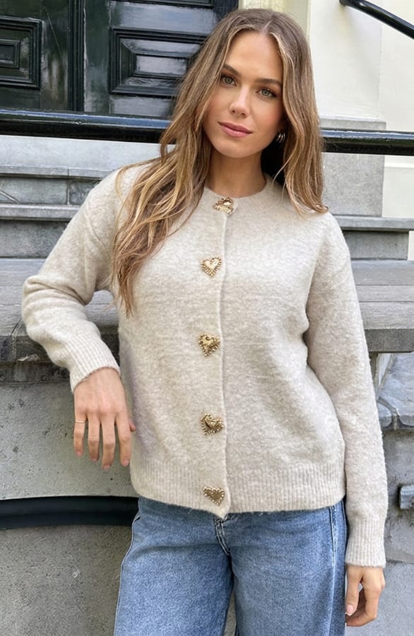 Soft Cardigan Heart Buttons Beige – vesten, foto 4