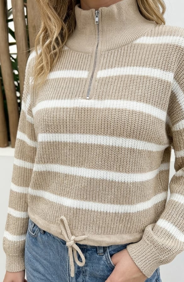 Strepen Knit Met Rits Beige Ecru – truien, foto 4