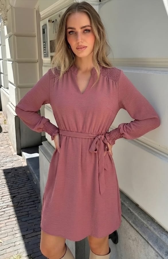 V-hals Smocked Jurk Dust Roze