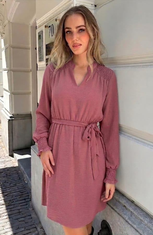 V-hals Smocked Jurk Dust Roze – jurken, foto 4