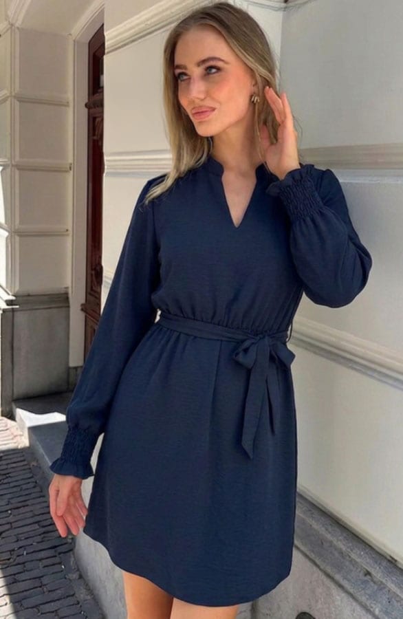 V-hals Smocked Jurk Navy