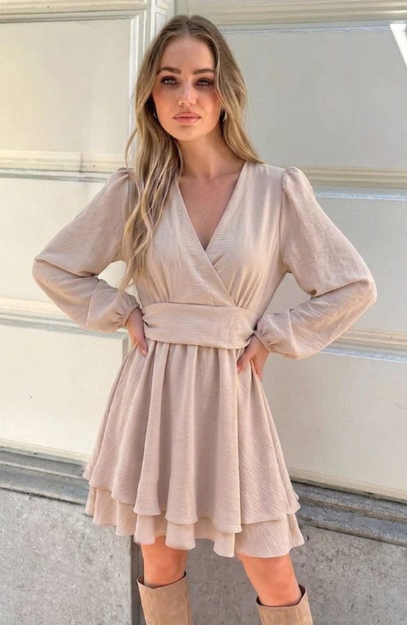 V-hals Strik Jurk Liv Beige