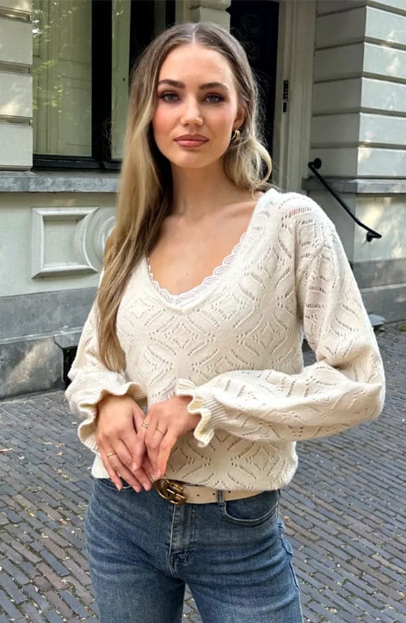 V-hals Trui Gehaakt Creme – truien, foto 5