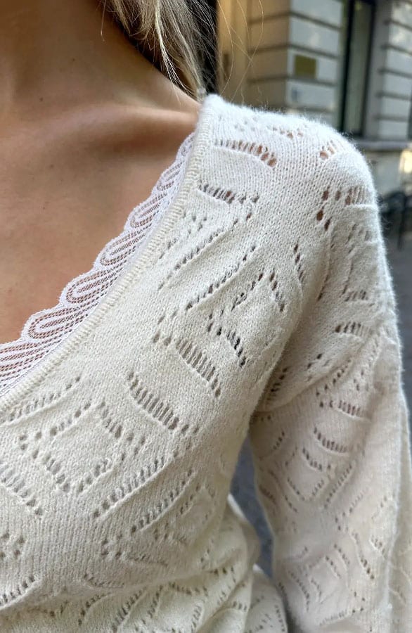 V-hals Trui Gehaakt Creme – truien, foto 7