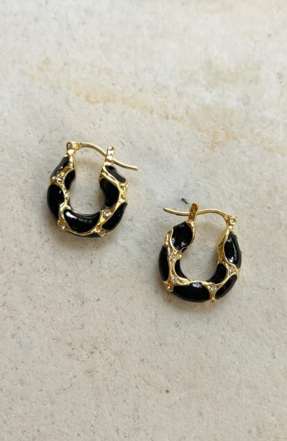Vintage Oorbellen Gold Resin Met Strass Black