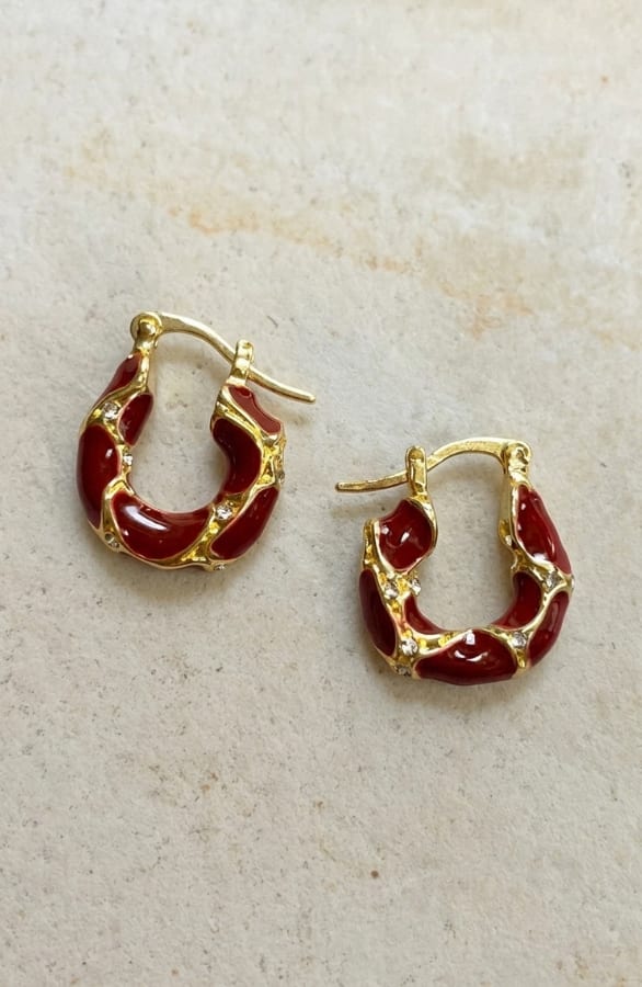 Vintage Oorbellen Gold Resin Met Strass Burgundy