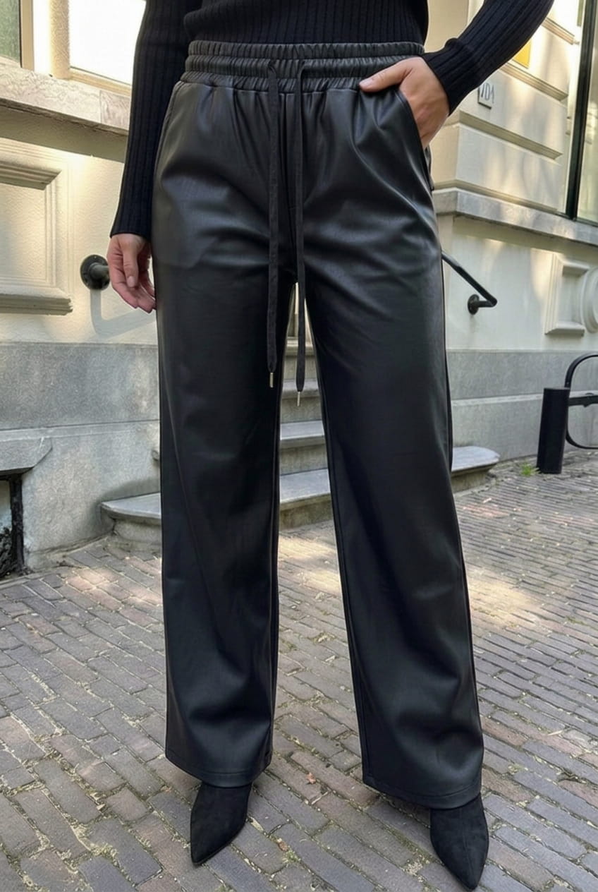 Wide Leg PU Leather Jogger Zwart