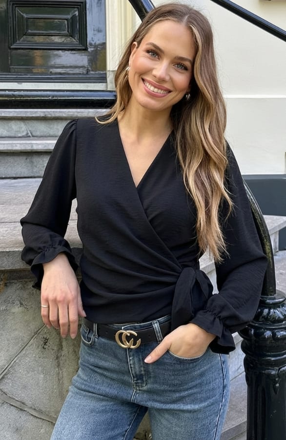 Wrap Longsleeve Blouse Zwart – blouses, foto 4
