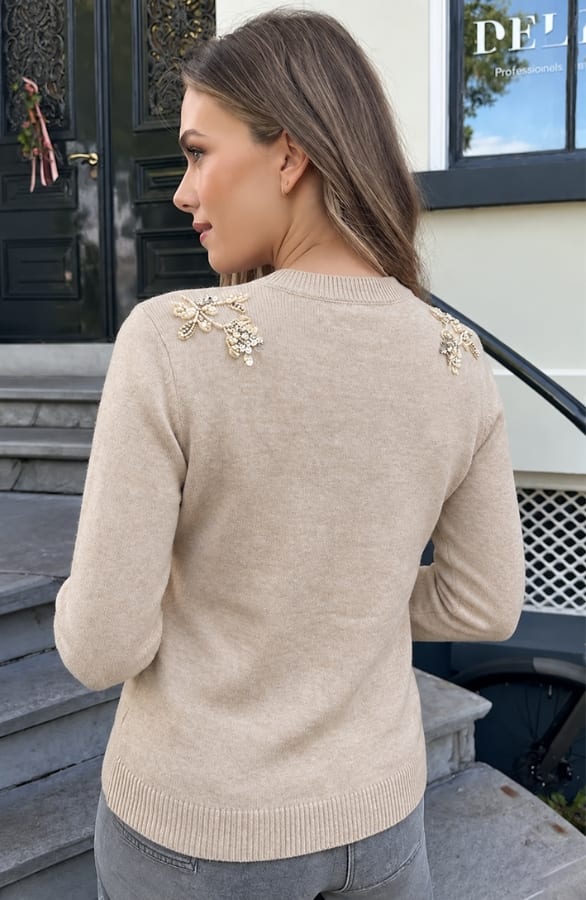 Beaded Floral Soft Knit Sweater Beige – truien, foto 4