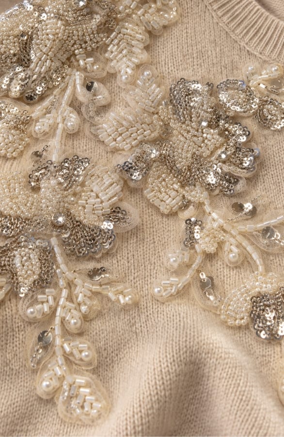 Beaded Floral Soft Knit Sweater Beige – truien, foto 5