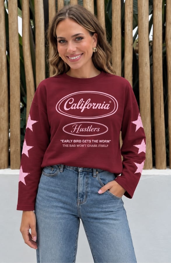 California Print Longsleeve Burgundy Pink Katoen