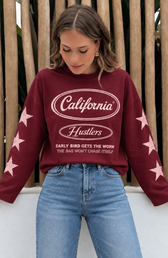 California Print Longsleeve Burgundy Pink Katoen – tops, foto 5