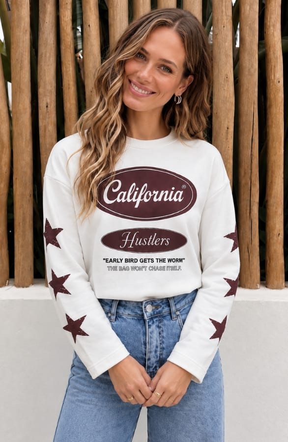 California Print Longsleeve Ecru Choco Katoen – tops, foto 4