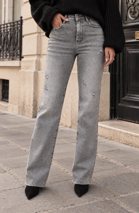 Damaged Wide Leg Jeans Grey Stretch FMH