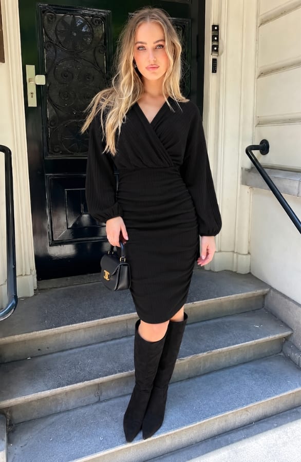 Knitted Ribbed V-Neck Dress Zwart – jurken, foto 2