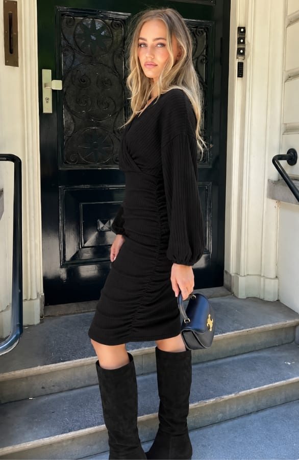 Knitted Ribbed V-Neck Dress Zwart – jurken, foto 4