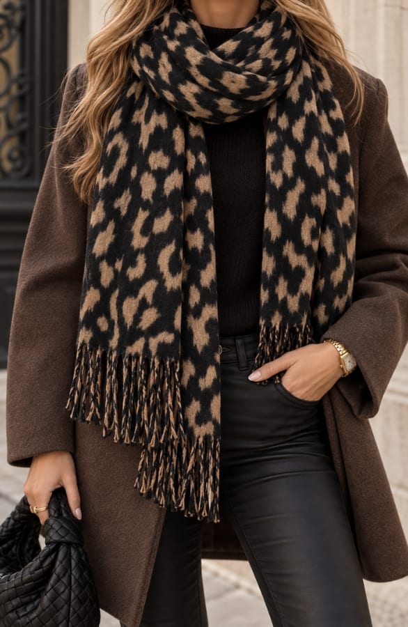 Leopard Sjaal Viscose Black Camel