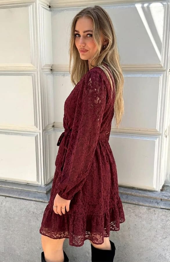 Luxury V-hals Jurk Soft Lace Bordeaux – jurken, foto 4