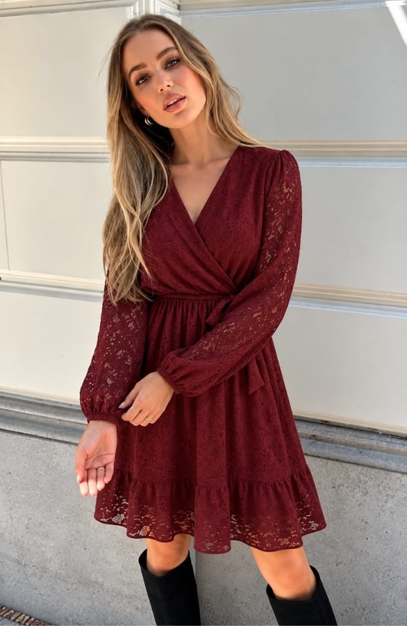 Luxury V-hals Jurk Soft Lace Bordeaux – jurken, foto 3