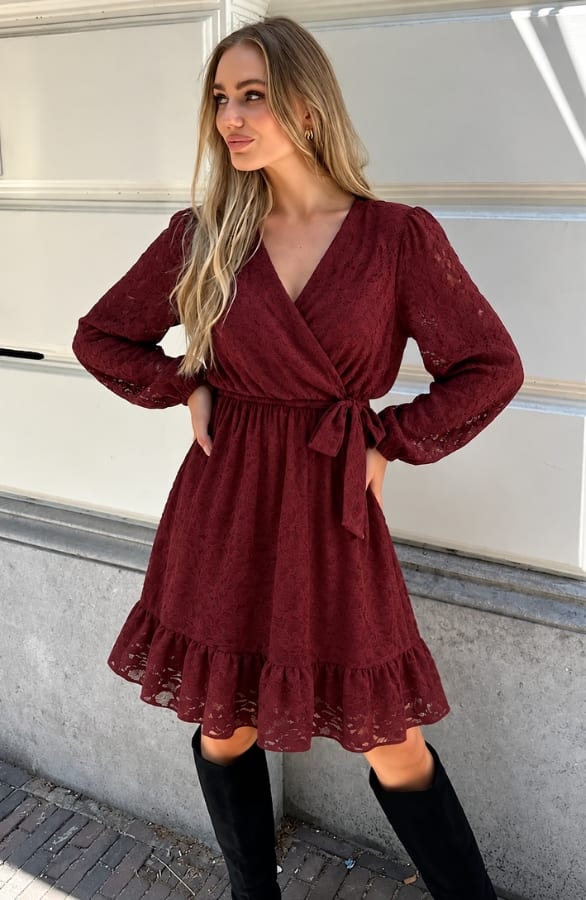 Luxury V-hals Jurk Soft Lace Bordeaux – jurken, foto 2