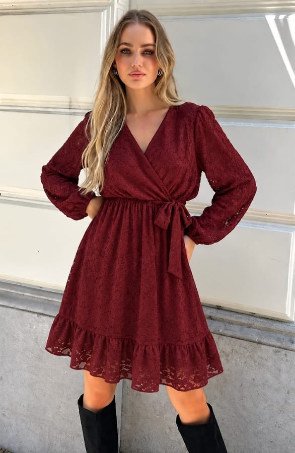 Luxury V-hals Jurk Soft Lace Bordeaux