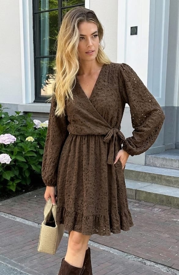 Luxury V-hals Jurk Soft Lace Choco – jurken, foto 4