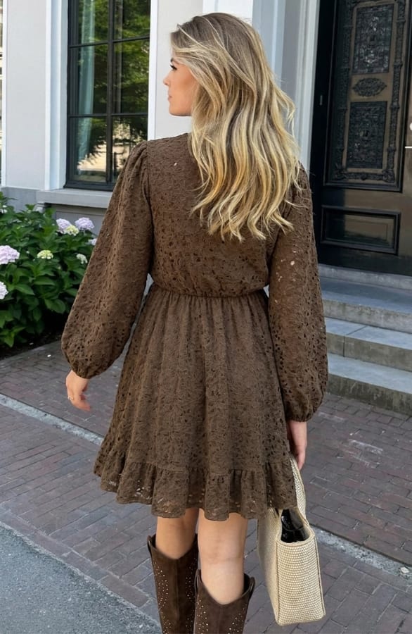 Luxury V-hals Jurk Soft Lace Choco – jurken, foto 3