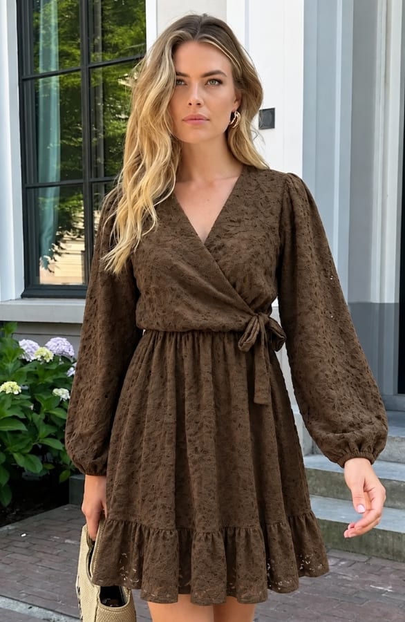 Luxury V-hals Jurk Soft Lace Choco – jurken, foto 2