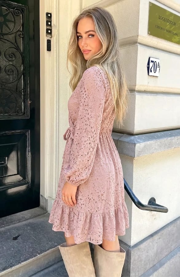 Luxury V-hals Jurk Soft Lace Dust Roze – jurken, foto 4