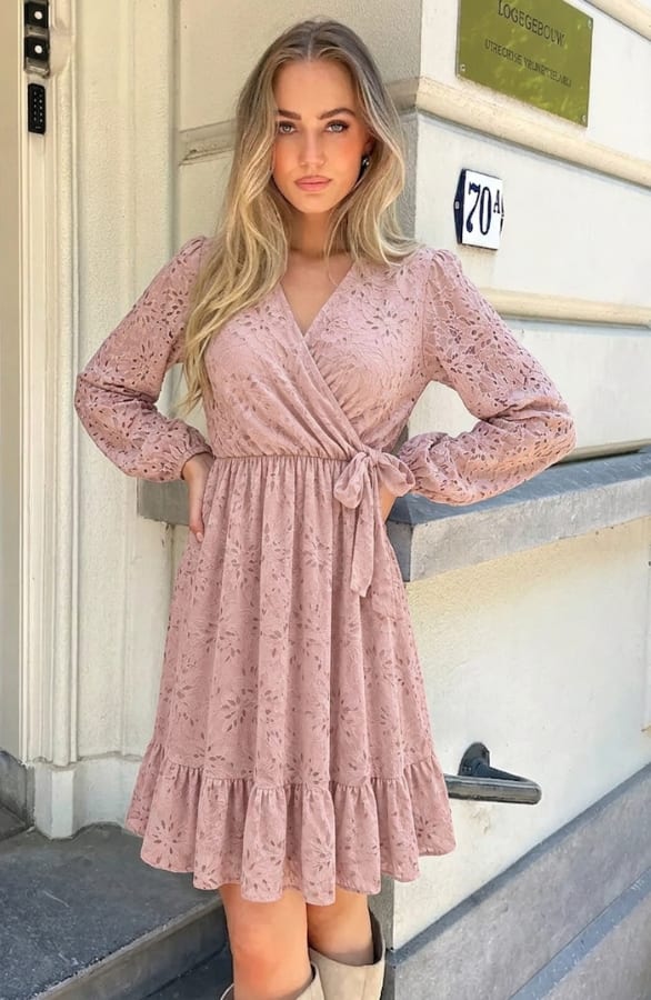 Luxury V-hals Jurk Soft Lace Dust Roze – jurken, foto 3