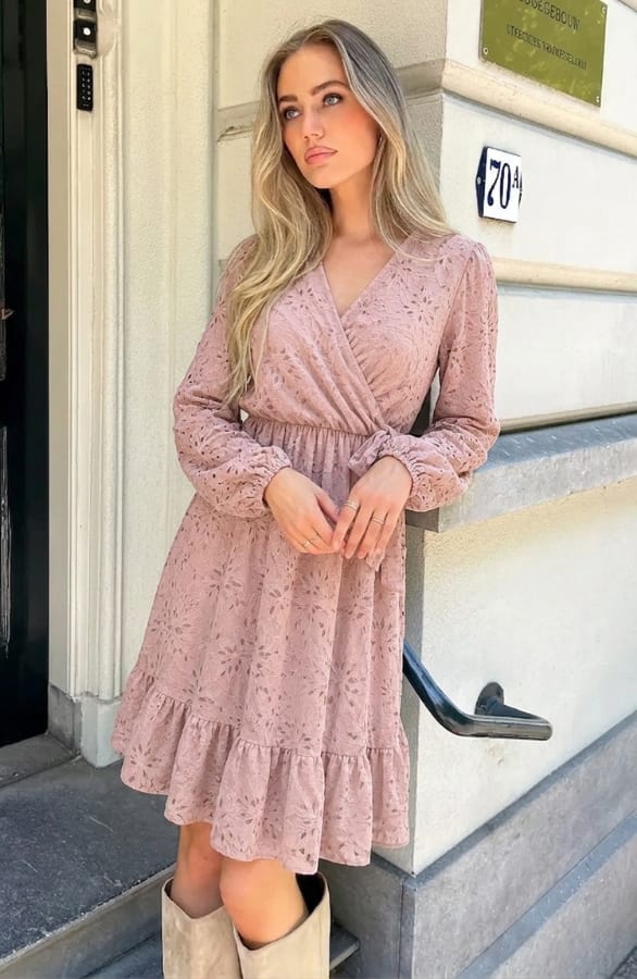 Luxury V-hals Jurk Soft Lace Dust Roze – jurken, foto 2