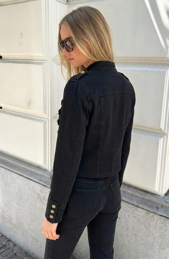 Military Button Denim Jacket Stretch Black – jassen, foto 6
