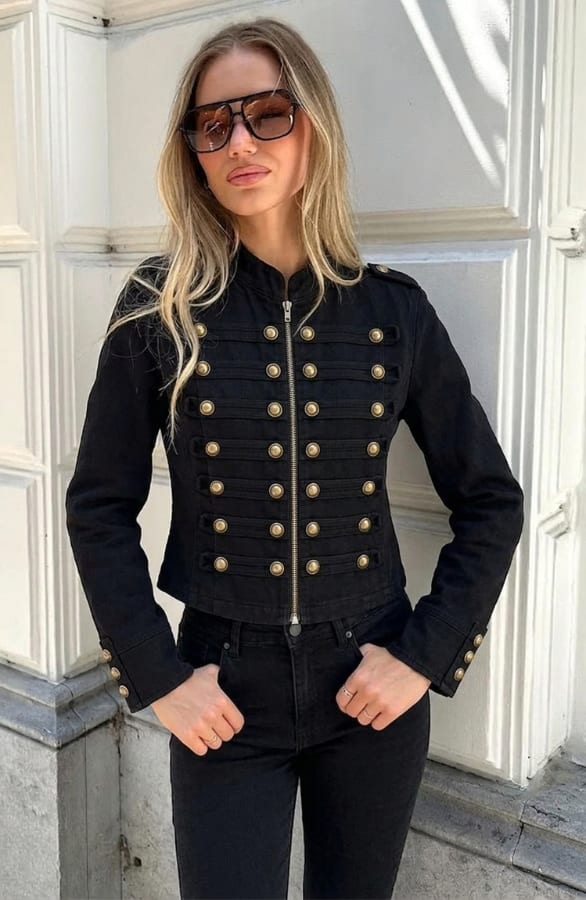 Military Button Denim Jacket Stretch Black – jassen, foto 4