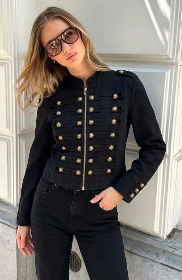 Military Button Denim Jacket Stretch Black