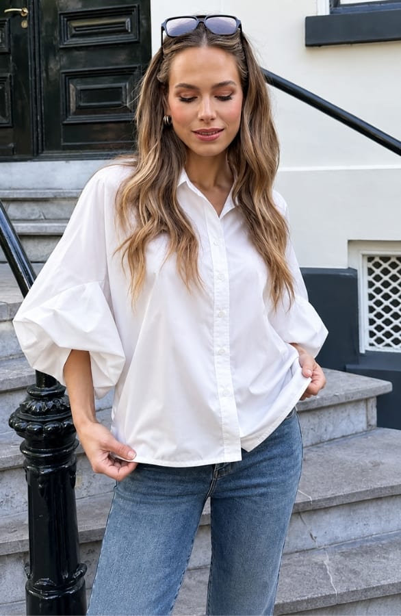 Oversized Batwing Blouse Katoen White – blouses, foto 4