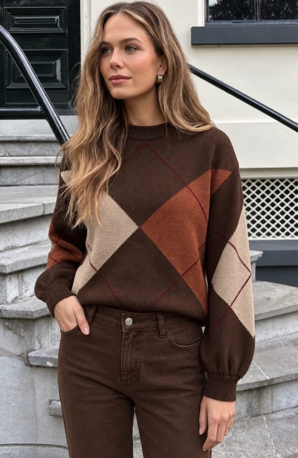 Oversized-Strickpullover mit Karomuster in Schokobraun, Foto 4