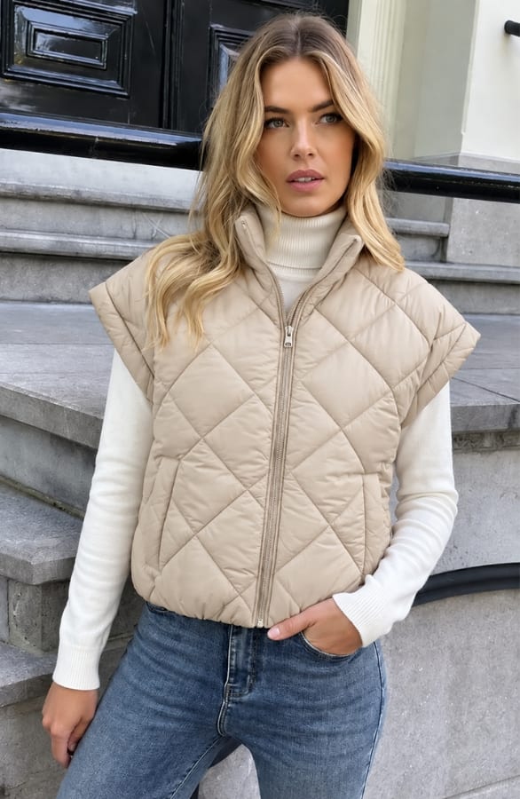 Quilted Puffer Gilet Beige – jassen, foto 2