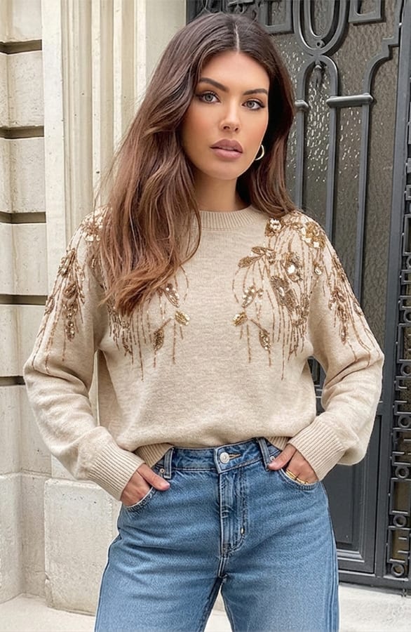 Sequin Shoulder Wool Sweater Beige Gold